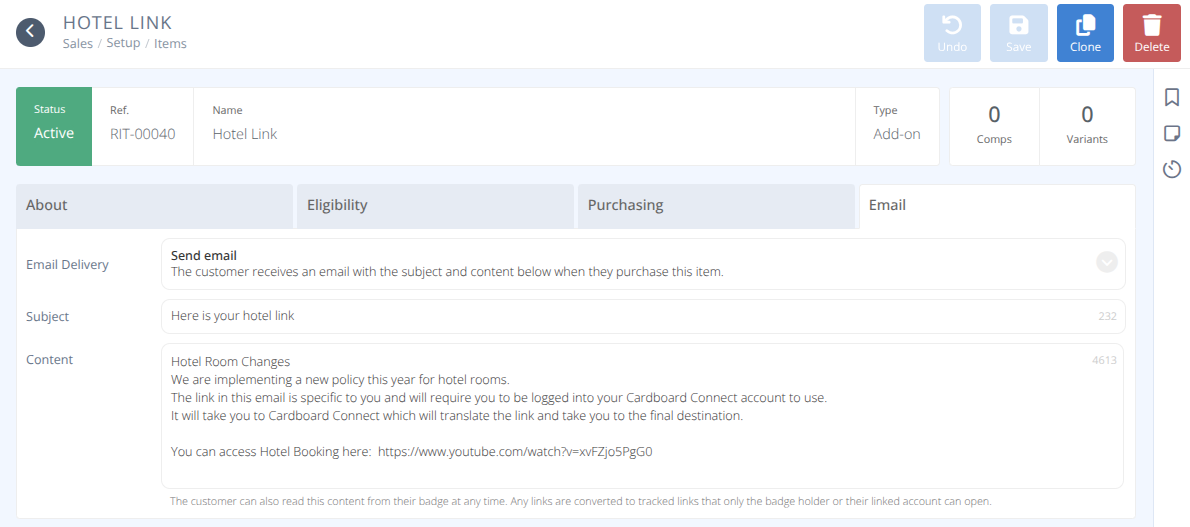 Screenshot showing the new Email tab inside the Add-on Sales Item configuration menu.