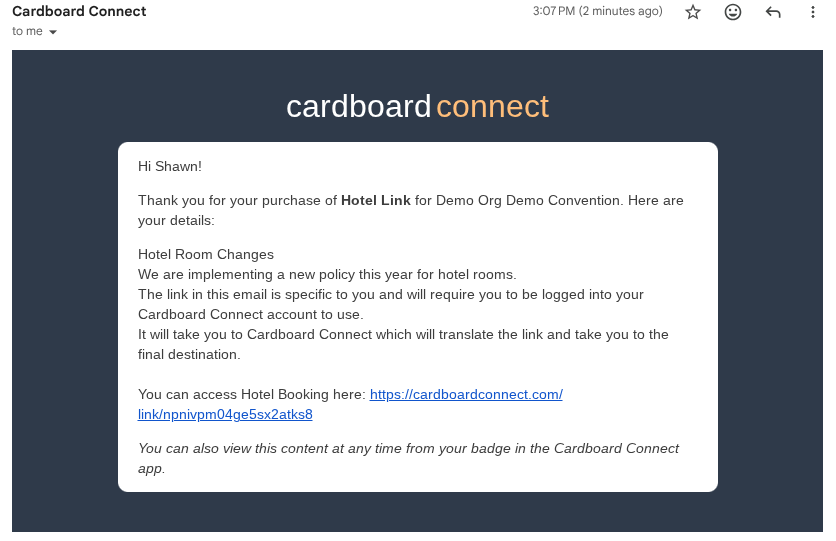 Preview of an email received by an attendee showing a disguised Cardboard Connect link.